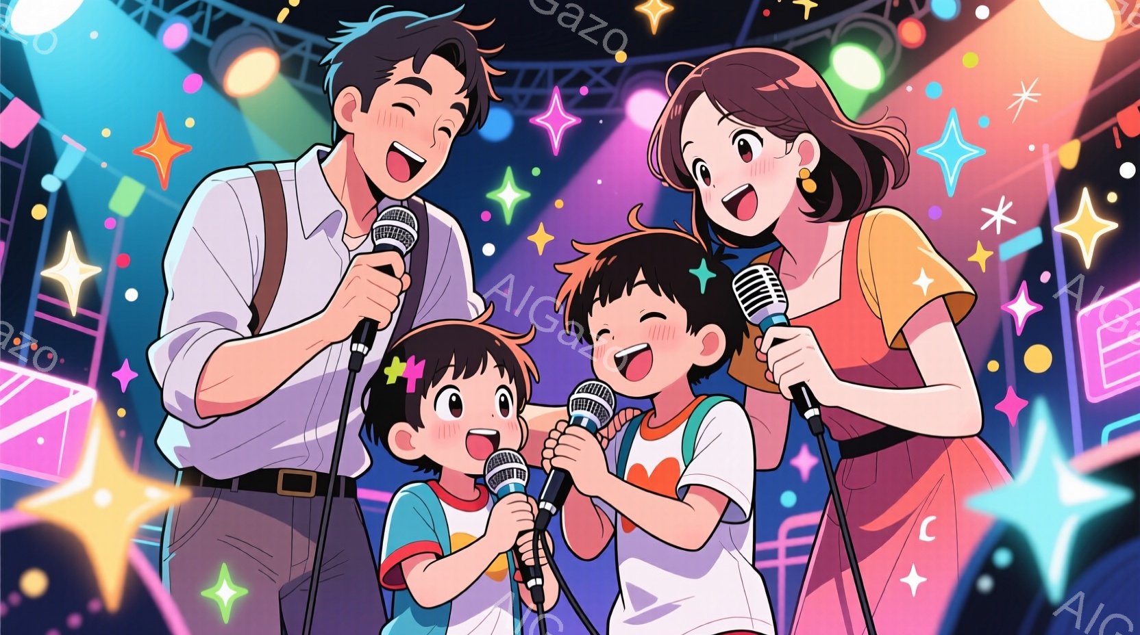 ステージ上でマイクを持って歌う家族を描いています。父親は黒いシャツに茶色のズボン、母親はオレンジ色のシャツにスカート、そして二人の子供たちはそれぞれ白いシャツと明るい色の服を着ています。背景には、紫色 - AI生成フリー素材