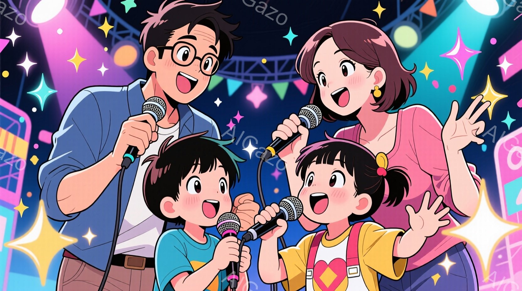 ステージでマイクを持って歌う家族を描いています。父親はメガネをかけ、青いシャツを着ており、2人の子供（男の子と女の子）はそれぞれ青と黄色のオーバーオールを着ています。背景には、星のような光と、カラフル - AI生成フリー素材