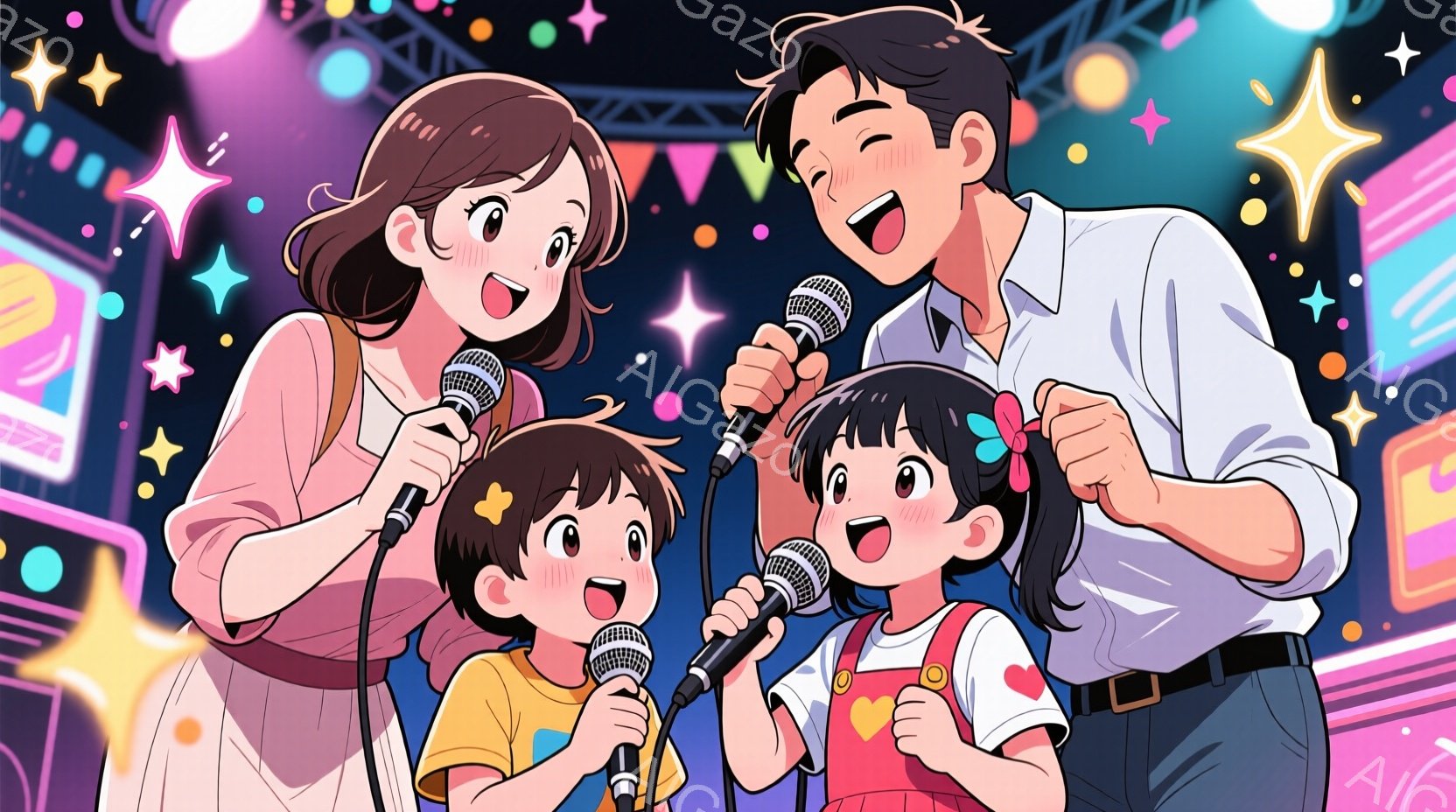 家族四人がステージでマイクを手に歌っている様子が描かれています。母親はピンク色の服に髪を肩まで下ろしており、笑顔で歌っています。父親と二人の娘はそれぞれ黄色やオレンジ色の服を着ており、同じように明るい - AI生成フリー素材