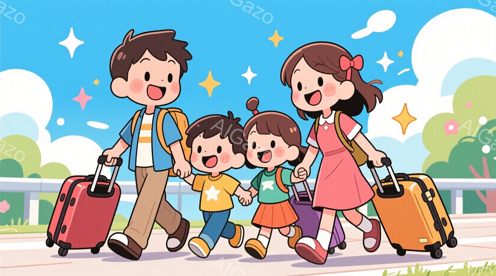 家族が旅行から帰る途中、滑り台のような道で陽気な様子を見せる。人々は皆背包を持っており、笑いや感激がたまんでいる様子が伝わる。空気には星と閃光が飛び交うような気分が漂っている。