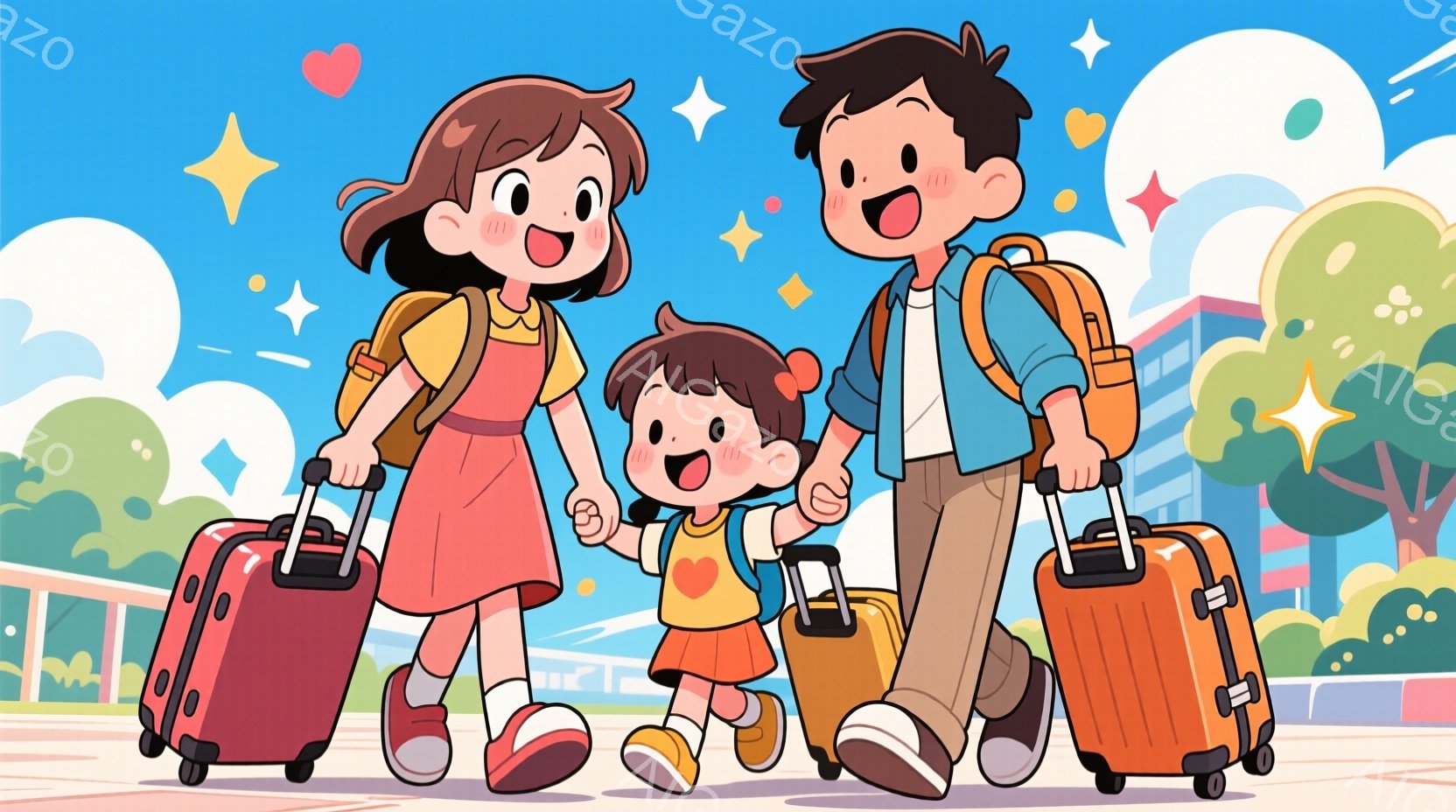 3人の家族が手をつないで歩いています。母親はピンク色のワンピースとリュックサックを着用し、父親は白いTシャツにズボン、リュックサックを背負っています。背景には建物や木々が見え、晴れた空にハートや星が散 - AI生成フリー素材