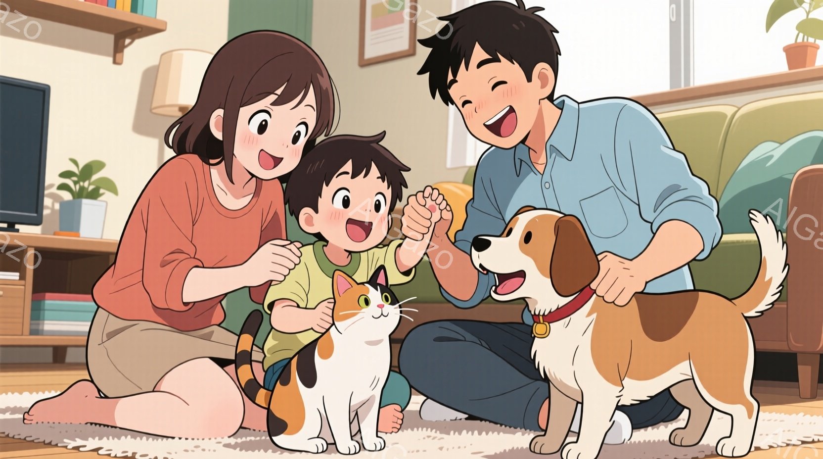 家族が愛を共有する喜びあふれるシーン。人々は手を合わせ、子供たちと犬が楽しむ様子。室内での豊かな生活を感じさせる家具や植物。陽気な雰囲気で、人間と動物の交流が可能な場所が広がっている。 - AI生成フリー素材