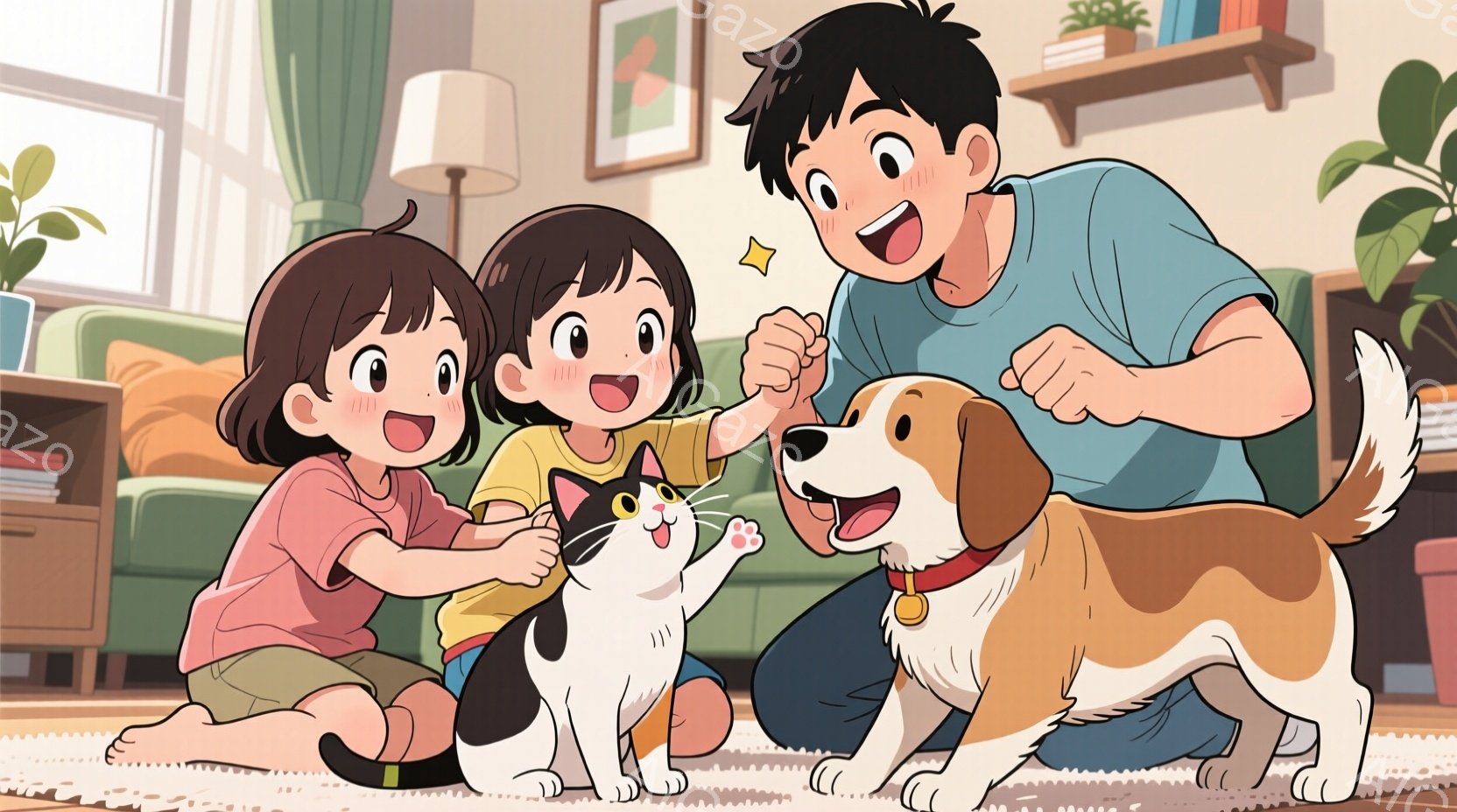 二人の幼い女の子と、しゃがんだ男性が、猫と犬と楽しそうに戯れている様子が描かれています。女の子たちは短い茶色の髪で、明るい笑顔を見せ、猫の足先を優しく触れています。背景には、緑のソファや観葉植物が見え - AI生成フリー素材