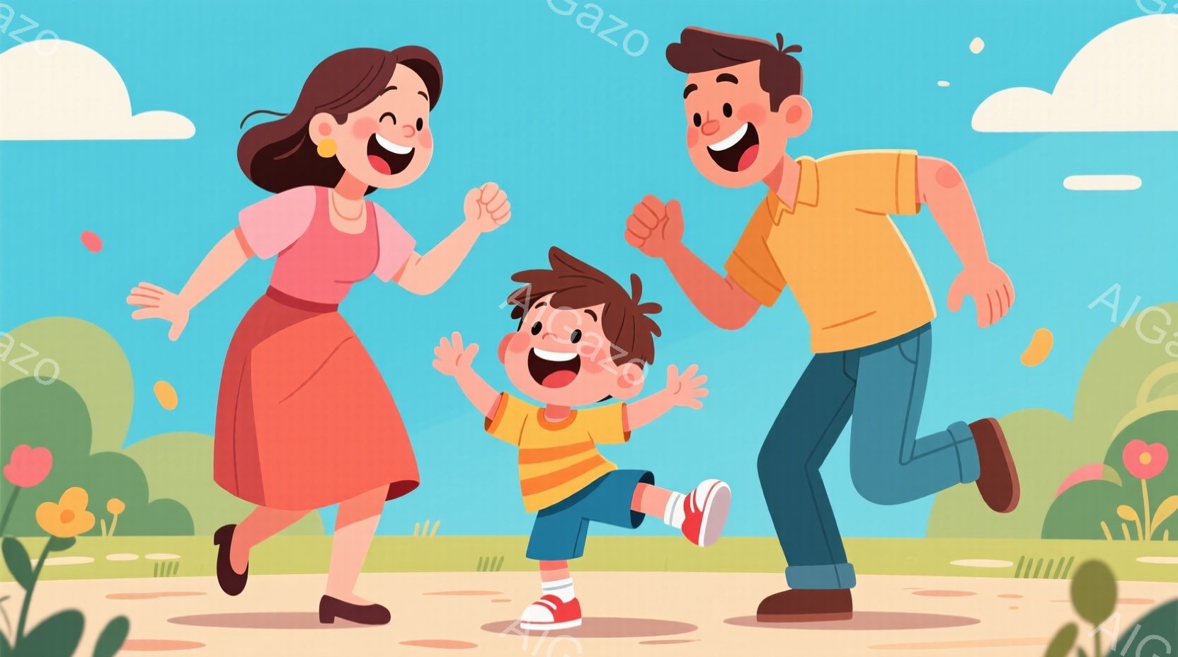 このイラストでは、幼い男の子と両親が草原を駆け抜けています。母親はピンク色のワンピースを着て黒い靴を履き、父親はオレンジ色のシャツとジーンズ姿で、皆笑顔で喜びにあふれています。背景には緑豊かな草原と木々、そして晴れた青空が広がっており、明るく幸せな雰囲気が漂っています。