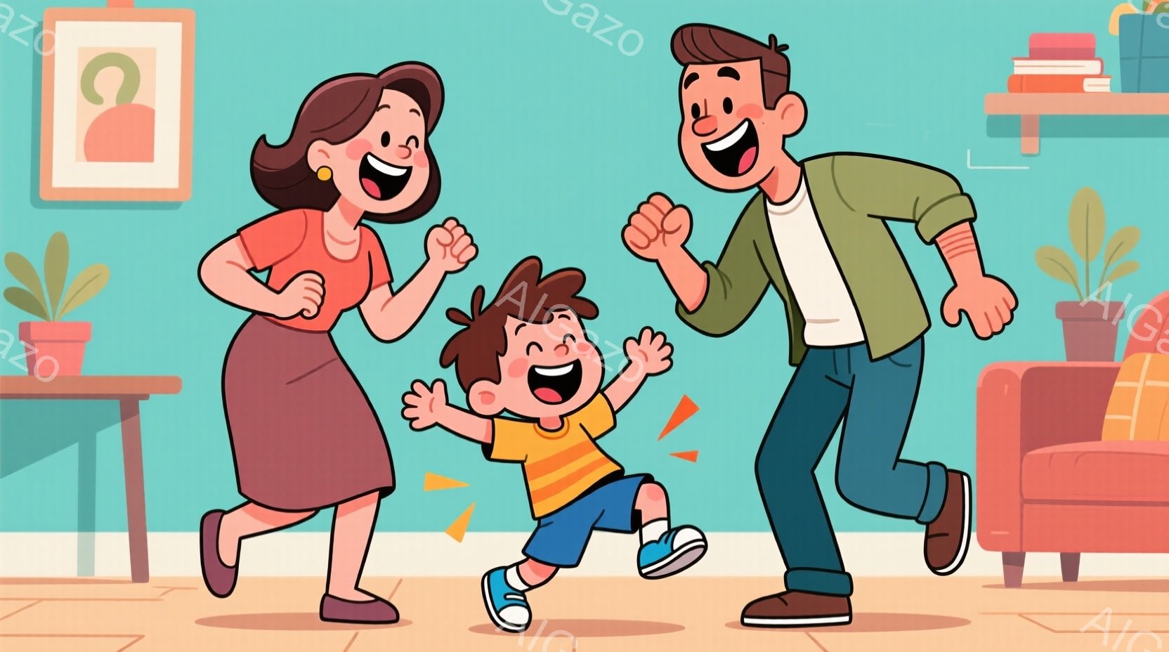 鮮やかな背景の中で、少年と両親が楽しそうに走り回っています。少年はオレンジ色のシャツと青い短パン、スニーカーを履き、両親はそれぞれピンクとグレーの服装で、笑顔を浮かべています。室内にはオレンジ色のソフ - AI生成フリー素材