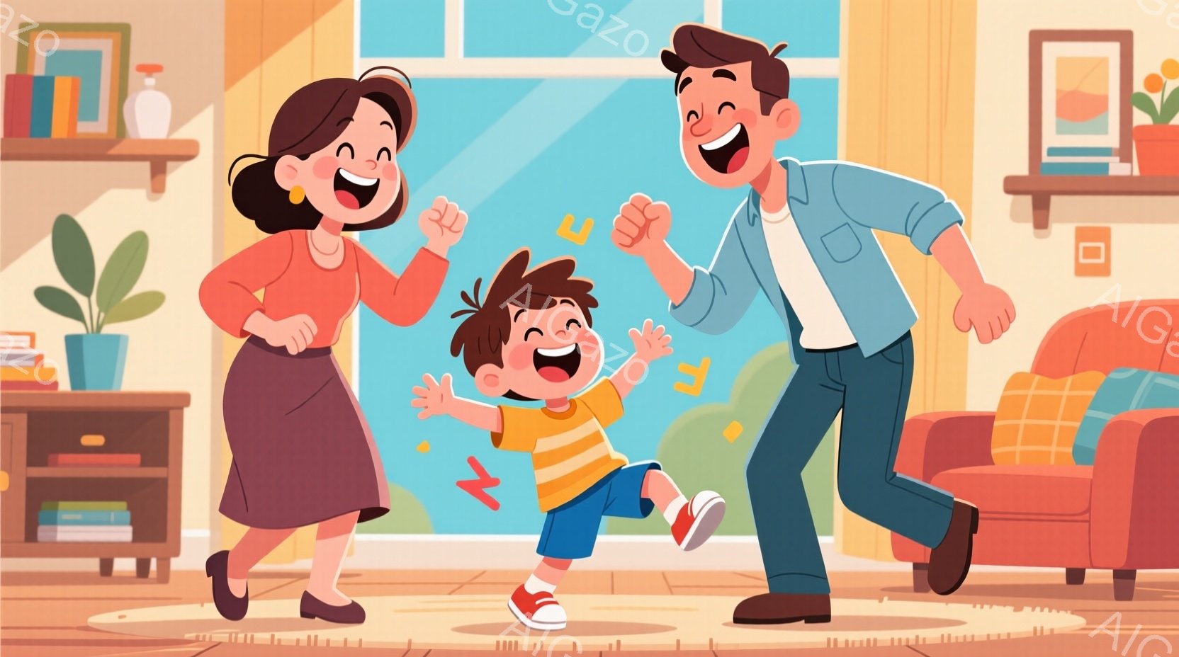 楽しそうな家族がリビングで踊っています。母親は赤茶色のトップスと膝丈のスカートを着て、茶髪を肩まで伸ばしています。父親は青いシャツとジーンズで、息子は黄色とオレンジのストライプのシャツと赤い靴を履いて - AI生成フリー素材