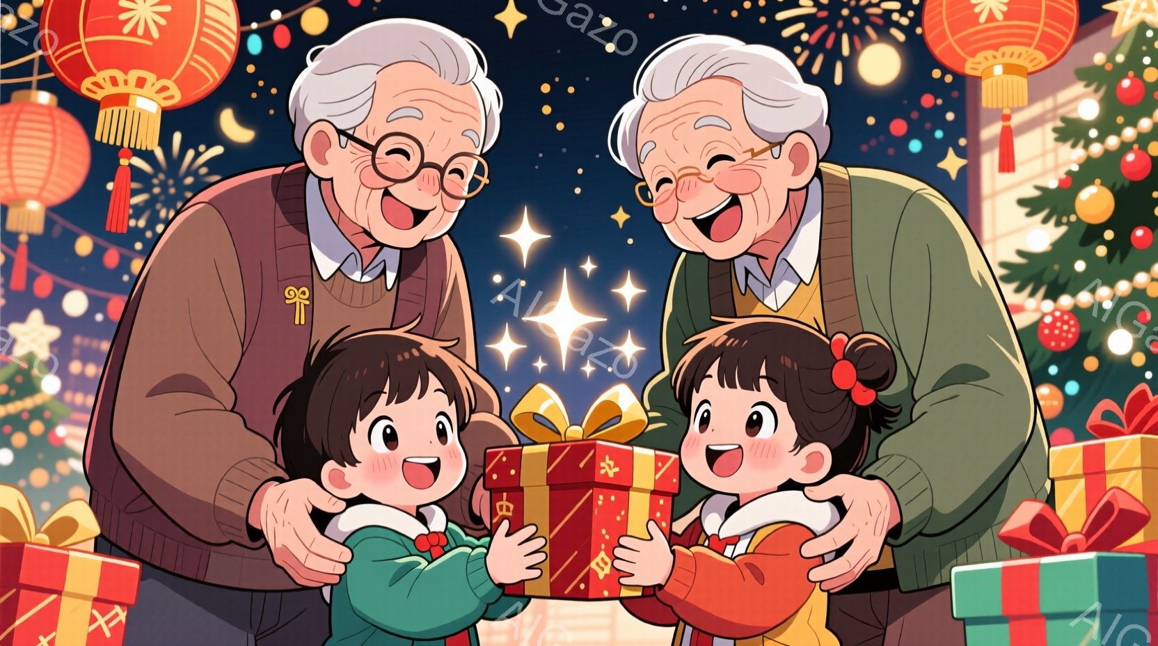 左右に高齢の男女が寄り添い、下にはそれぞれプレゼントを受け取る幼い子供たちがいます。高齢男性は茶色のセーター、女性は緑のジャケットを着ており、どちらも笑顔で温かい表情をしています。背景にはクリスマスツ - AI生成フリー素材