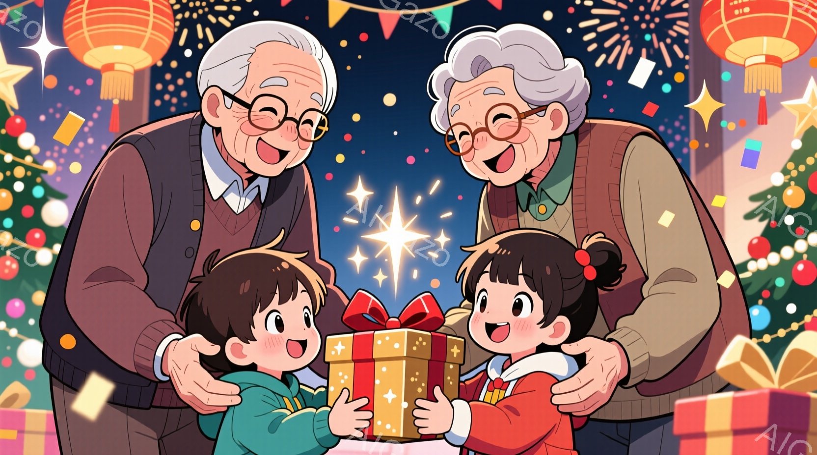 少年と少女がオレンジ色のリボンで結ばれたプレゼントを抱え合い、笑顔を見せています。おじいさんとおばあさんは彼らを見守り、優しく微笑んでいます。背景にはクリスマスツリーやカラフルな飾り、提灯があり、全体 - AI生成フリー素材