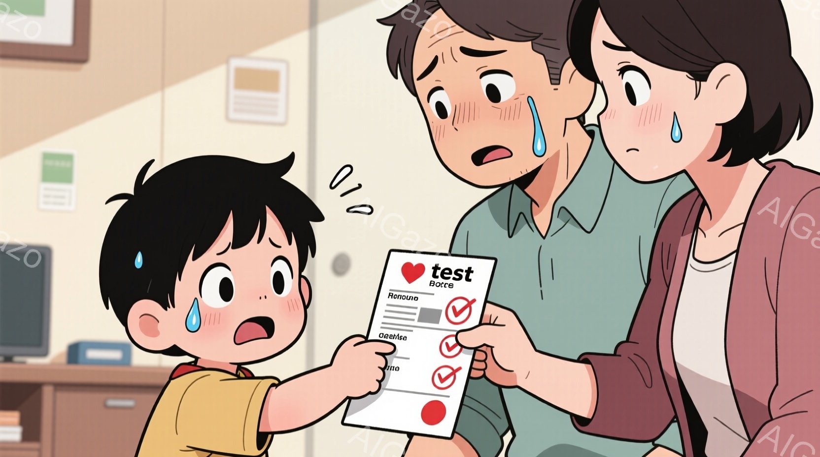 眼鏡をかけた少年と母親が描かれています。少年は困ったような表情で試験用紙を持ち、母親は心配そうな顔で涙を流しています。背景には茶色の家具と白い壁があり、部屋の雰囲気はやや緊張感があります。