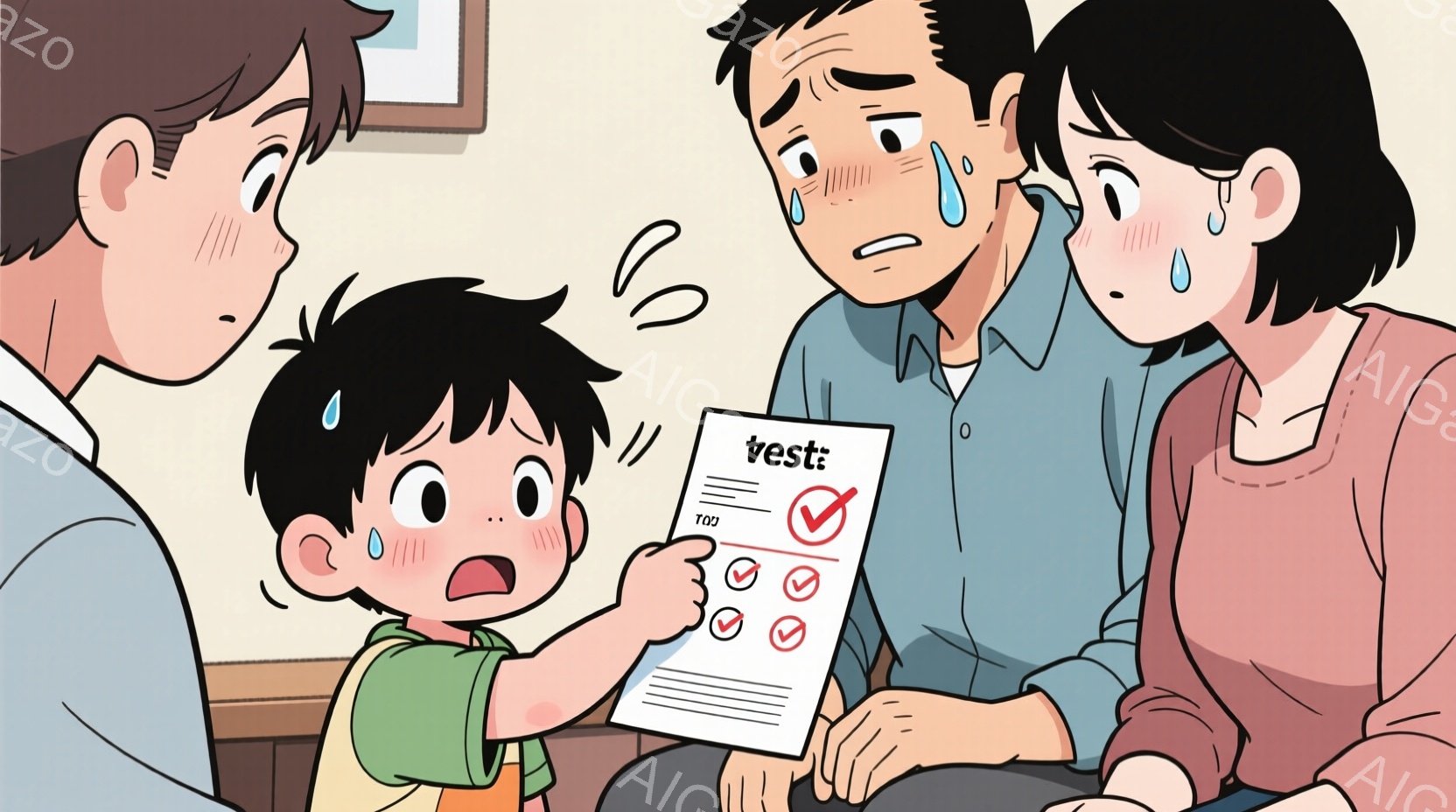 幼い少年が試験用紙を両親に見せており、紙には複数のチェックマークが描かれている。少年は驚いた表情で大きく口を開けており、両親は心配そうな顔で涙を浮かべている。背景にはぼやけた絵画が見え、全体的に不安と緊張感が漂う家庭の雰囲気である。