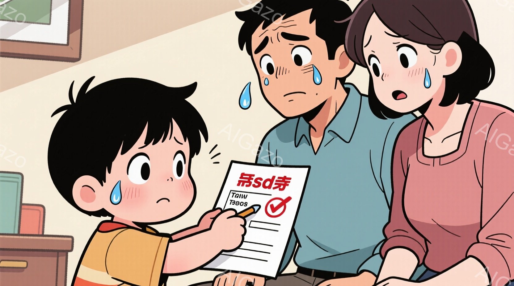 幼い男の子が、チェックマークの付いた書類を両親に見せています。男の子はオレンジ色のシャツを着ており、少し悲しそうな表情をしています。両親は青いシャツとピンクのシャツを着ており、目に涙を浮かべ、感動しているようです。