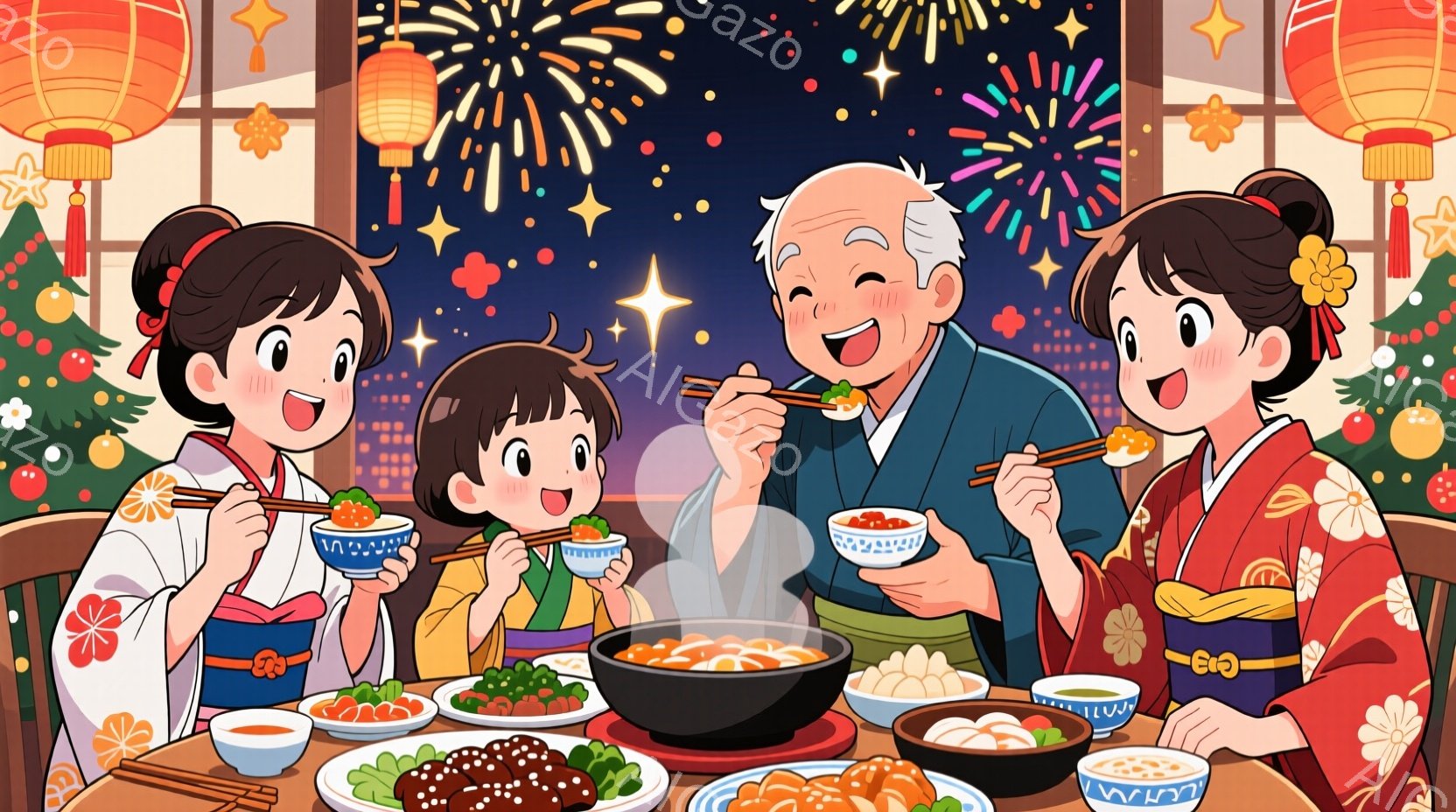 暖炉のそばに座って夕食をとる家族の絵です。女の子は赤い着物を着ており、髪はリボンで結ばれています。おじいさんは着物を着て笑顔で鍋料理を楽しんでいます。