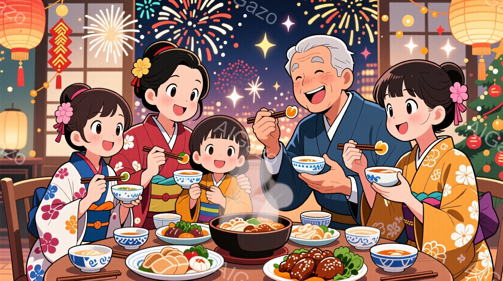 家族が円卓を囲んで食事をしている様子が描かれています。着物姿の家族は皆笑顔で、おじいちゃんは嬉しそうに箸をあげています。背景には日本の伝統的な建物と花火が咲き誇り、温かく幸せな家族団らんの雰囲気が漂っ - AI生成フリー素材