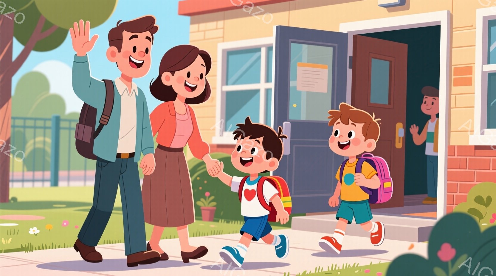 明るい日差しの中で、母親と2人の子供が家を出る様子が描かれている。母親は膝丈の茶色のワンピースを着て、髪は後ろで結んでいる。2人の子供はそれぞれ青とオレンジの半袖とズボンを着用し、背中にリュックサックを背負って元気よく歩いている。
