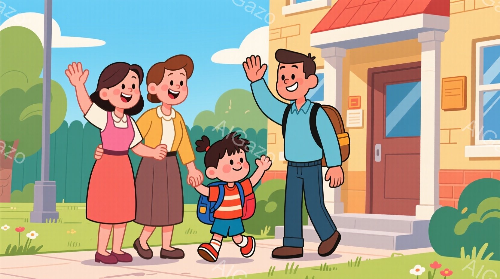 少女は赤いバックパックを背負い、両手を上げて歩いています。母親はピンク色のドレス、父親は紺色のシャツに黒いズボンという服装で、それぞれ手を挙げて少女を見送っています。背景にはレンガ造りの家、緑の芝生、青空が広がり、晴れた日の温かい送迎の雰囲気が漂います。