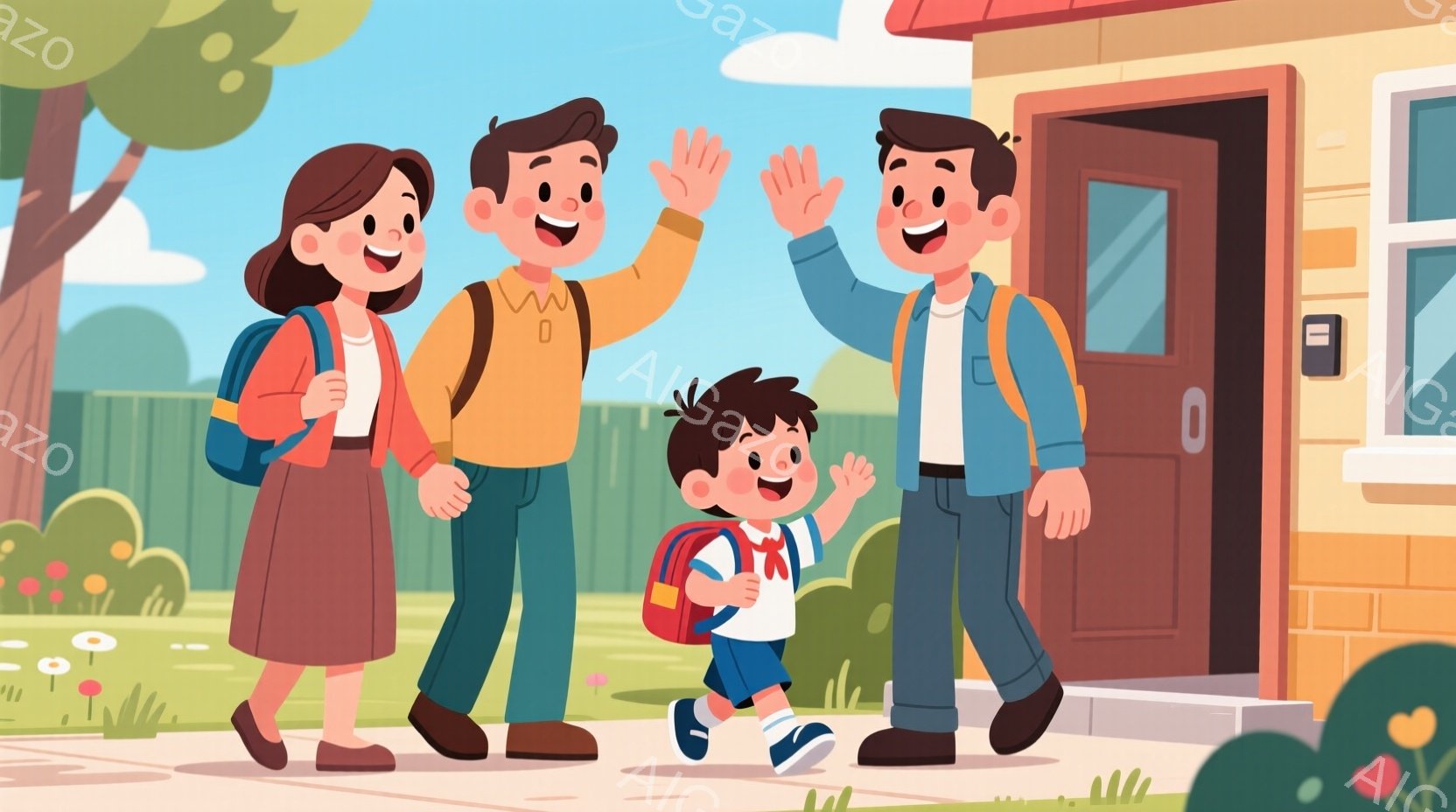 玄関前に立つ家族が描かれています。母親はピンク色のワンピースを着てリュックを背負い、父親はオレンジ色のセーターと青いズボンを着ています。子供は制服を着てリュックを背負い、両手を上げて笑顔で家を出ようとしています。