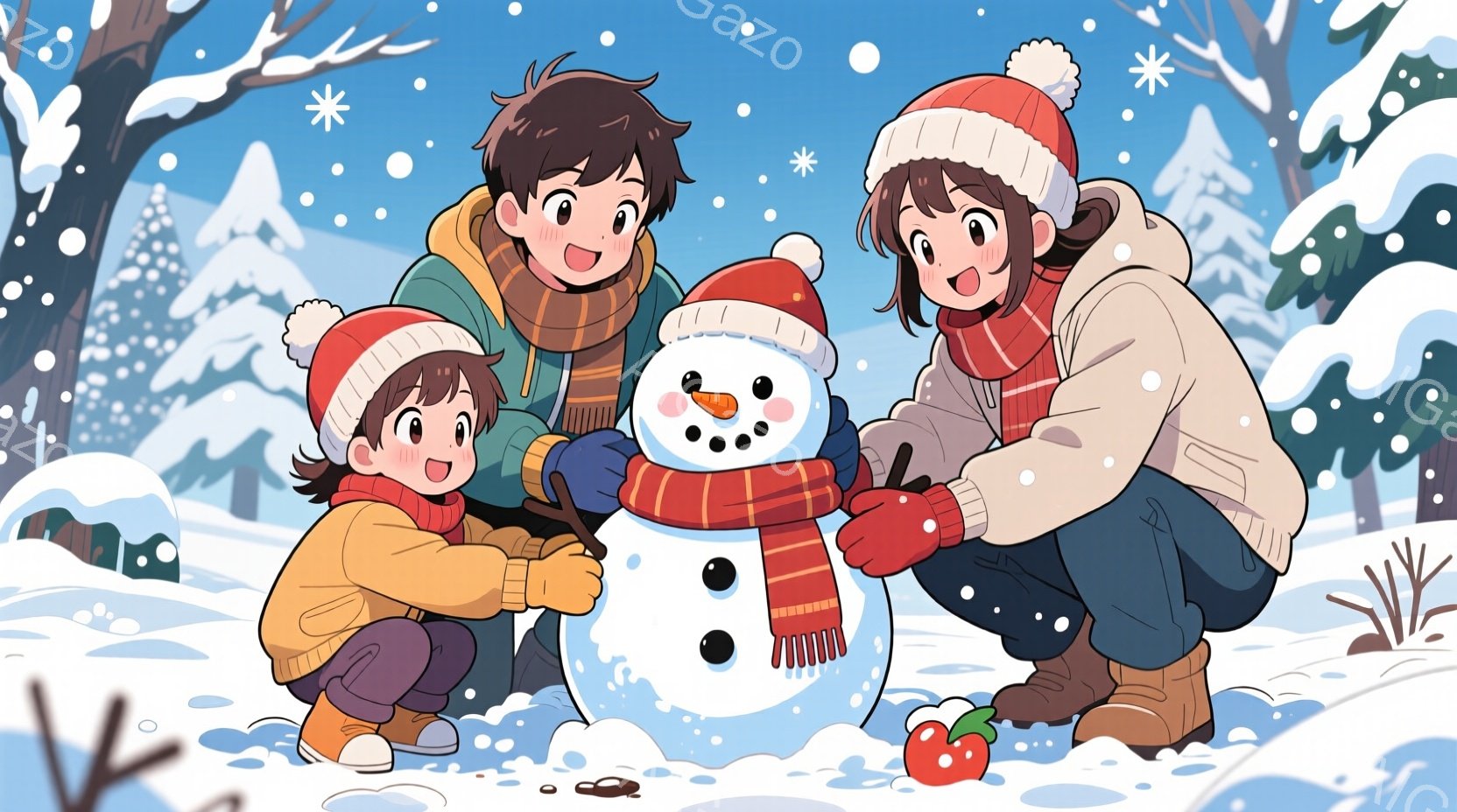 雪景色の中で、少年少女が雪だるまを作っている様子が描かれています。少年はオレンジ色のセーターとズボン、少女は同じ色のセーターに黒いズボン、それぞれ赤い帽子をかぶり、雪だるまに人参の鼻やボタンの目をつけ - AI生成フリー素材