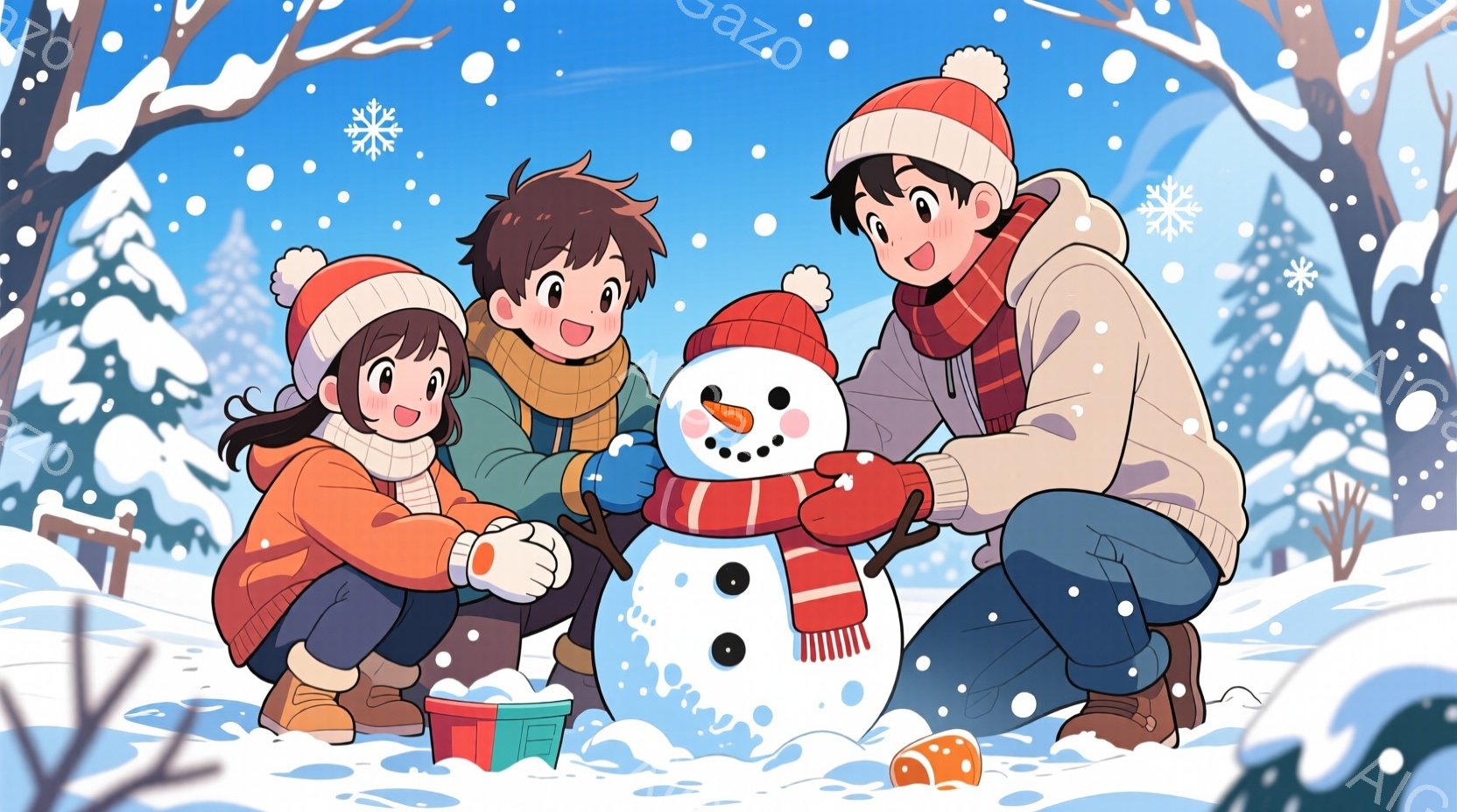 雪景色の中で、少年少女と雪だるまが描かれています。少女は赤い帽子とオレンジ色のジャケットを着て、雪だるまに人参の鼻をつけるためにかがんでいます。少年は青い帽子とジャケットを着て、雪だるまに手を添え、笑 - AI生成フリー素材
