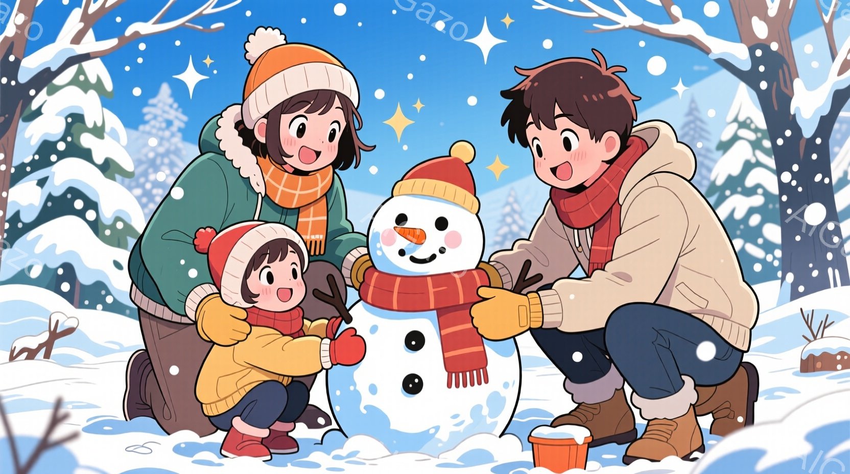 雪景色の中で、家族が雪だるまを作っています。母親は赤い帽子とマフラーを巻き、笑顔で雪だるまの顔を飾り付け、娘と息子はそれぞれバケツを持って雪を集めています。背景には雪に覆われた木々があり、全体的に温か - AI生成フリー素材