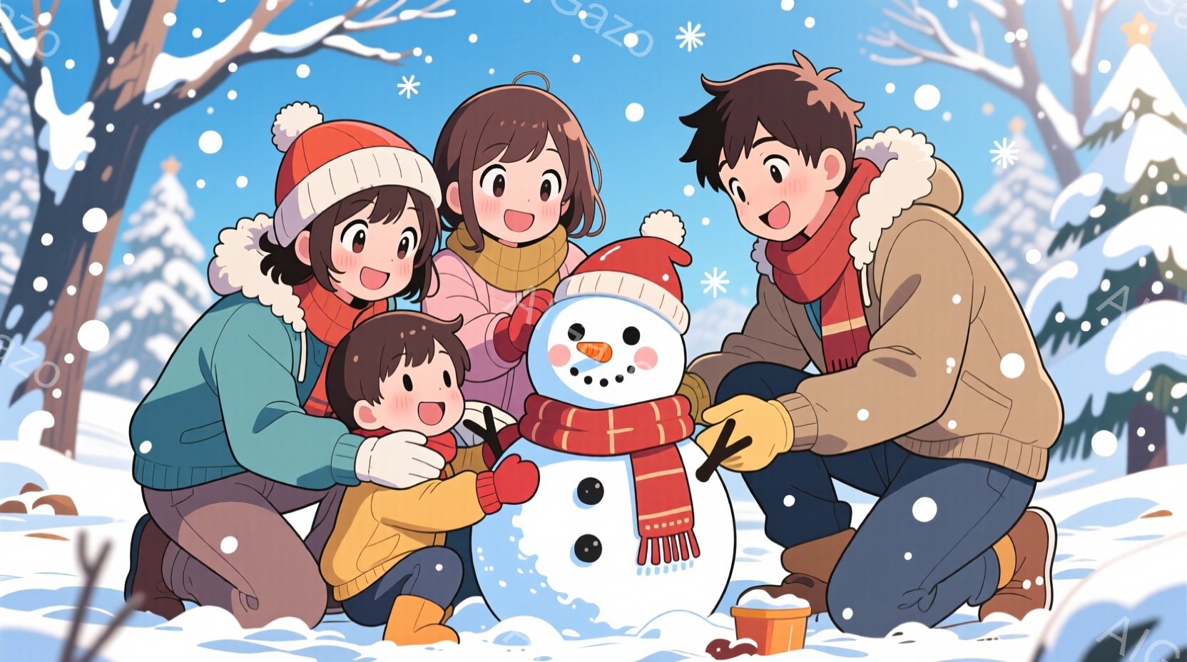 雪景色の中で、家族が雪だるまを作っている様子が描かれています。母親は赤色の帽子とマフラーを身に着け、娘は黄色いジャンパーとブーツ、父親はベージュのセーターと茶色のズボンを着用し、それぞれ笑顔で雪だるまの飾り付けを楽しんでいます。背景には雪に覆われた木々と青空が広がり、暖かい家族の雰囲気が感じられます。