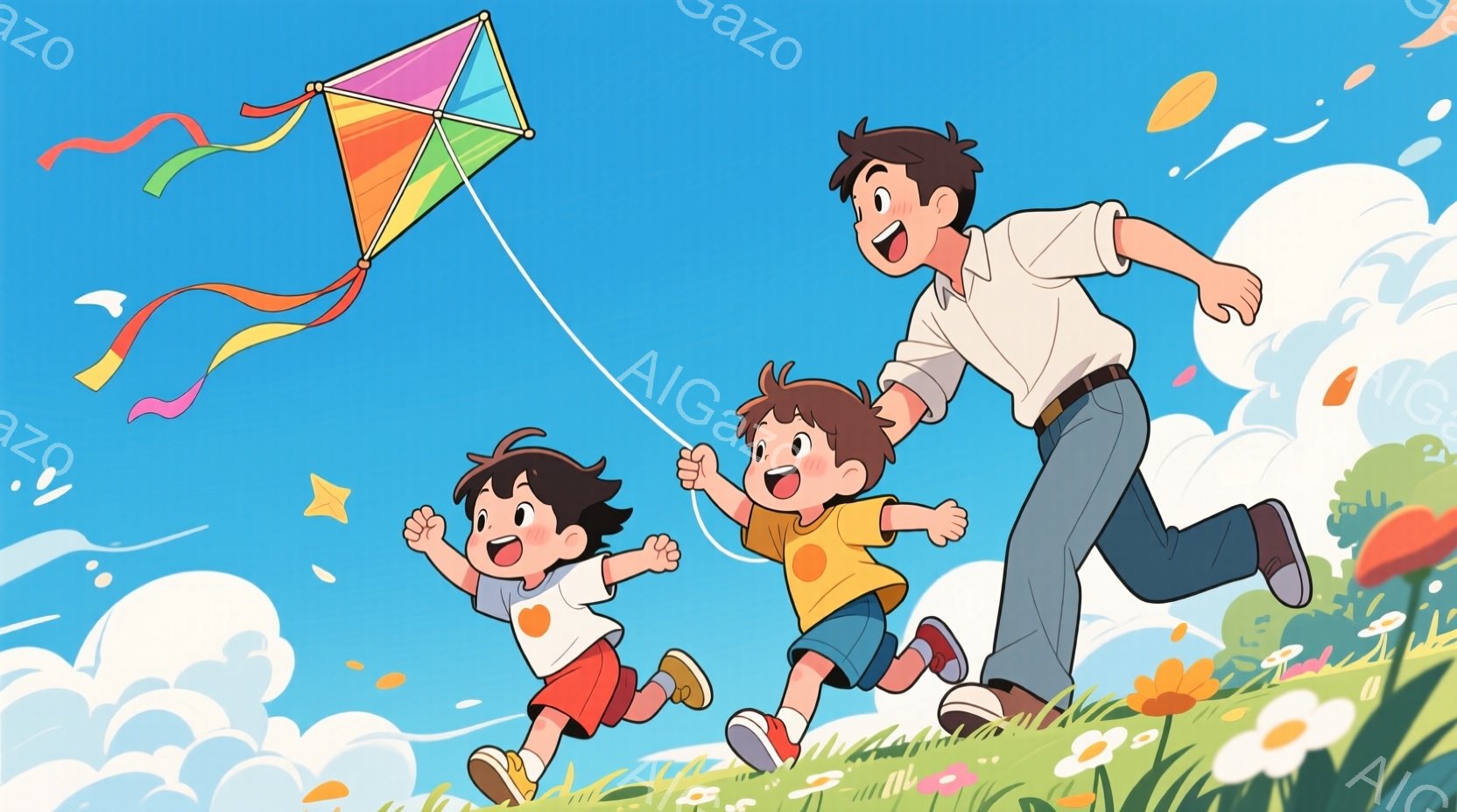 青空の下で凧揚げをしている親子が描かれています。父親は白いシャツとジーンズ姿で、二人の子供たちを凧糸で繋ぎながら走っています。子供たちはそれぞれオレンジ色のTシャツと赤い、または青いショートパンツを着ており、笑顔で凧に向かって走り、背景には緑の丘と花、そして白い雲が広がっています。