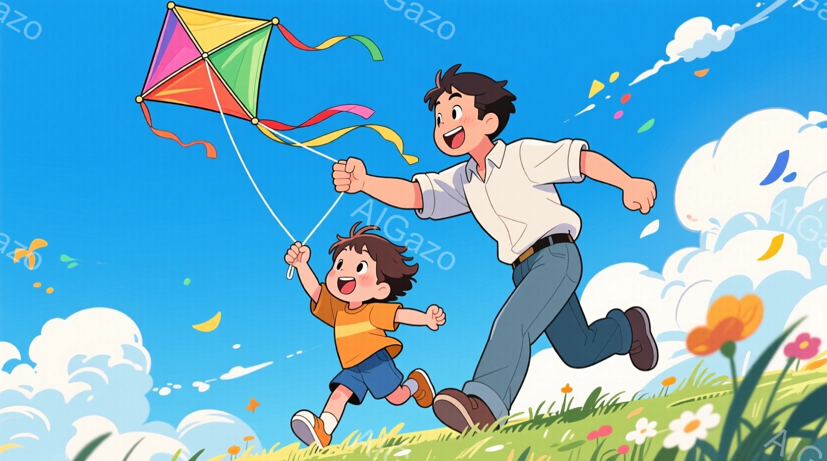 少年と父親が、青い空の下、丘の上を駆け抜けながら凧揚げを楽しんでいる様子が描かれています。少年はオレンジ色のシャツに短いズボン、父親は白いシャツにジーンズというカジュアルな服装で、二人とも笑顔で、活気に満ちた表情をしています。背景には、緑の丘、色とりどりの花、そしてふわふわとした白い雲が広がり、晴れた日の楽しい一日を表現しています。