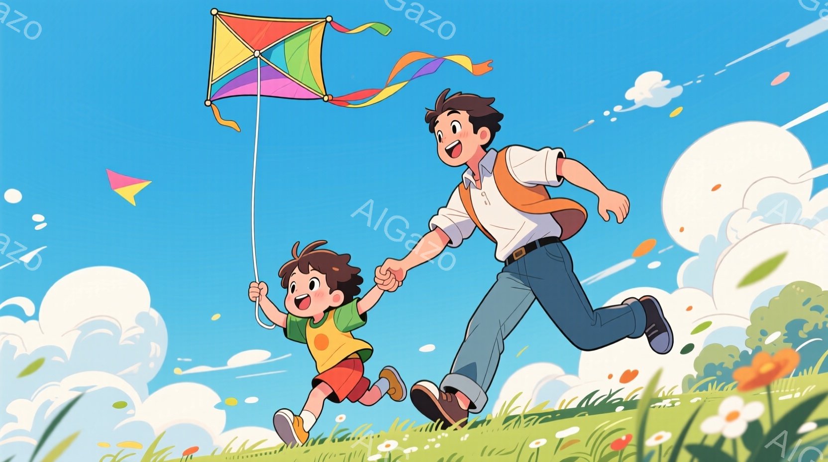 少年は明るい緑色の短パンと黄色いTシャツを着ており、茶色の髪は短く、満面の笑みを浮かべています。父親は白いシャツにデニムのズボン、ベルトを着用し、少し駆け出している姿は楽しげで、空にはカラフルな凧が舞 - AI生成フリー素材