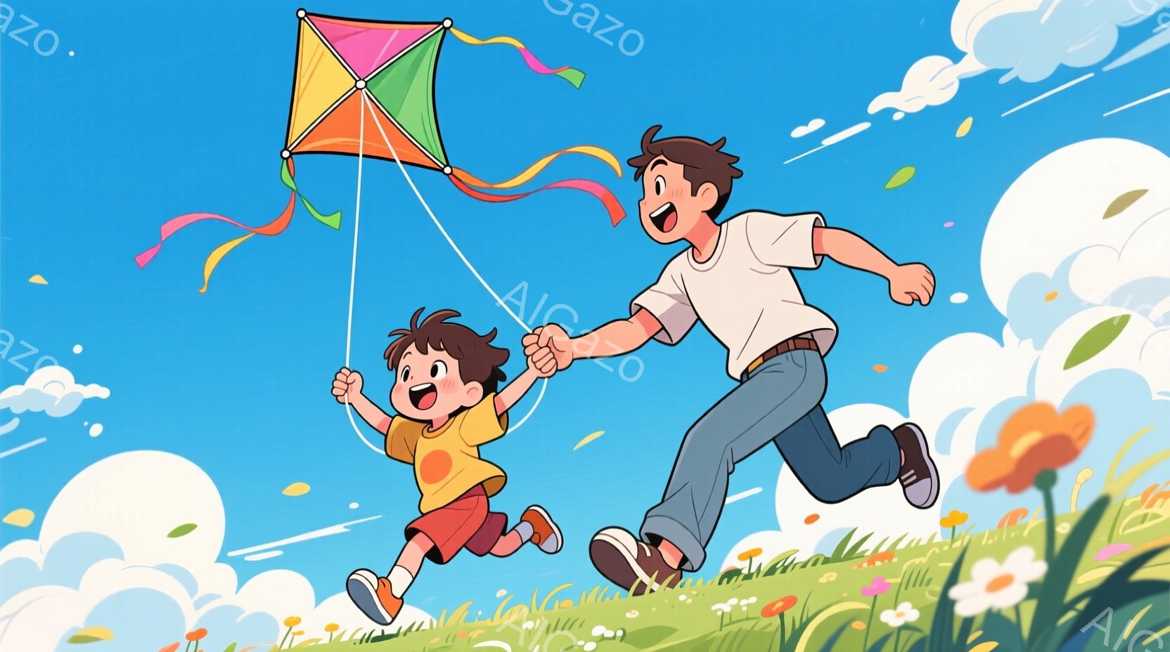 少年と男性が、青空の下で凧揚げを楽しんでいる様子が描かれています。少年は赤いシャツと短パン姿で、満面の笑みを浮かべながら走り、男性は白いTシャツとジーンズで、少年の手を引きながら同じように走っています。背景には緑の丘と色とりどりの花が咲き乱れ、晴れた空には白い雲が浮かび、全体的に明るく、楽しげな雰囲気が漂っています。