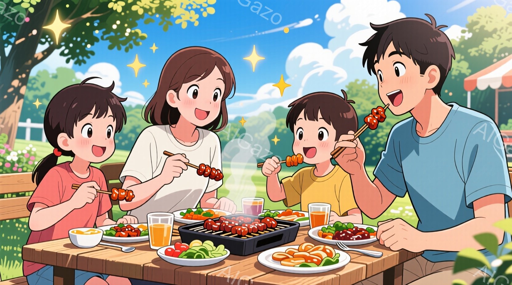 家族が庭でバーベキューを楽しんでいます。母親は長い茶髪で白いシャツを着ており、笑顔で串に刺された肉を娘に渡しています。父親と息子は同じように串に刺された肉を手に持ち、楽しそうにしています。