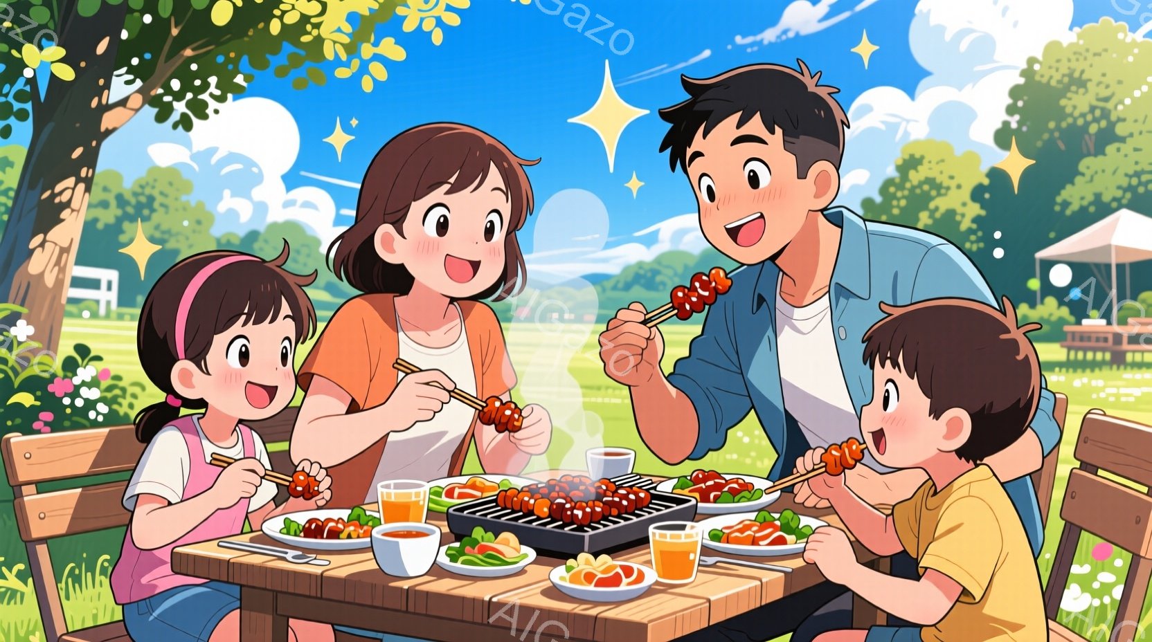 家族が屋外でバーベキューを楽しんでいます。母親は肩までの茶髪で白いシャツを着ており、笑顔で料理をしています。息子と娘はそれぞれ串に刺さった肉を手に取り、嬉しそうな表情をしています。