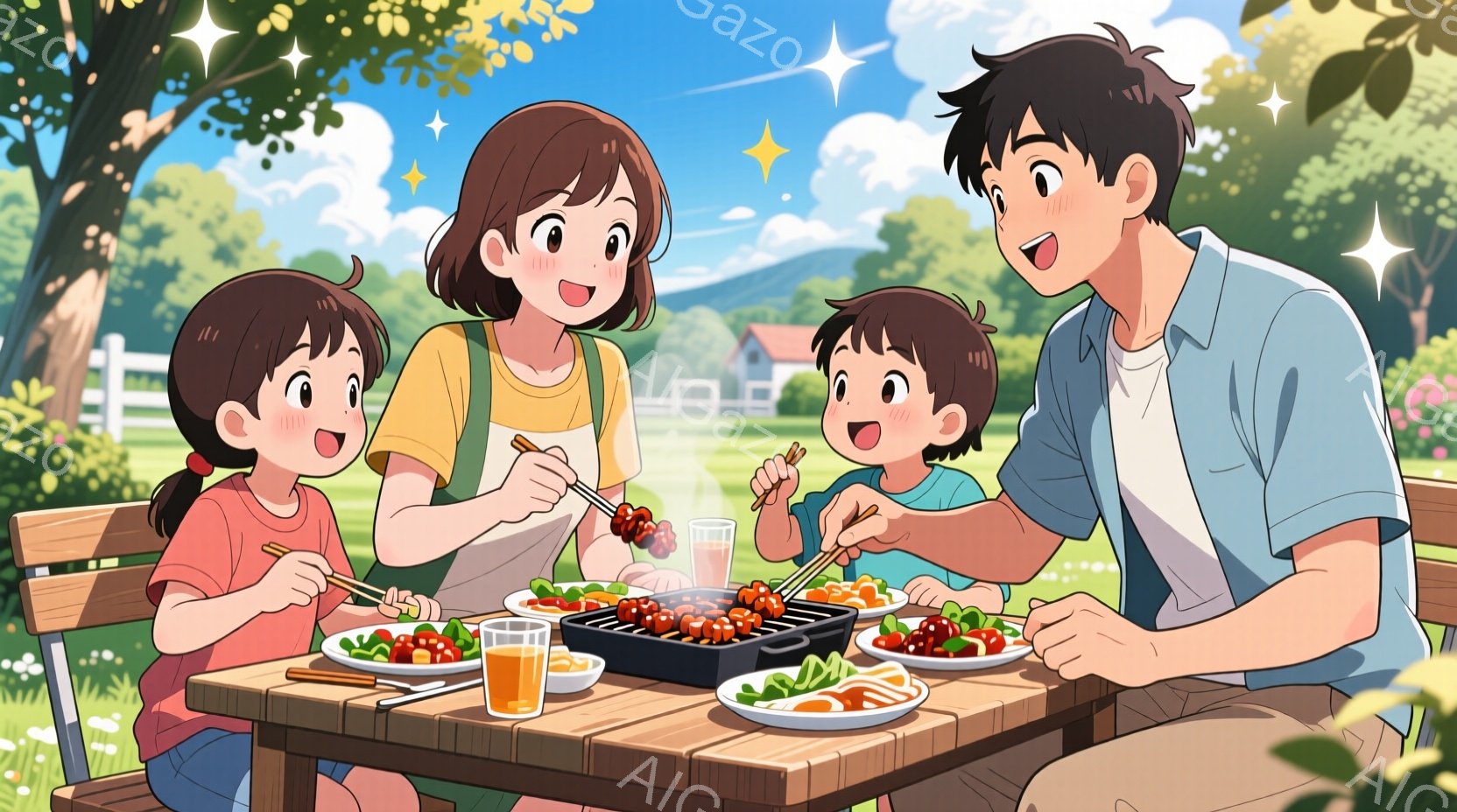 家族四人が屋外でバーベキューを楽しんでいる様子が描かれています。母親はエプロンをつけ、炭火で焼いた肉を娘の皿に並べており、父親と息子は箸で肉を食べています。背景には緑豊かな草原、木々、そして遠くの家々が見え、晴れた空から光が差し込み、温かく幸せな雰囲気が漂っています。
