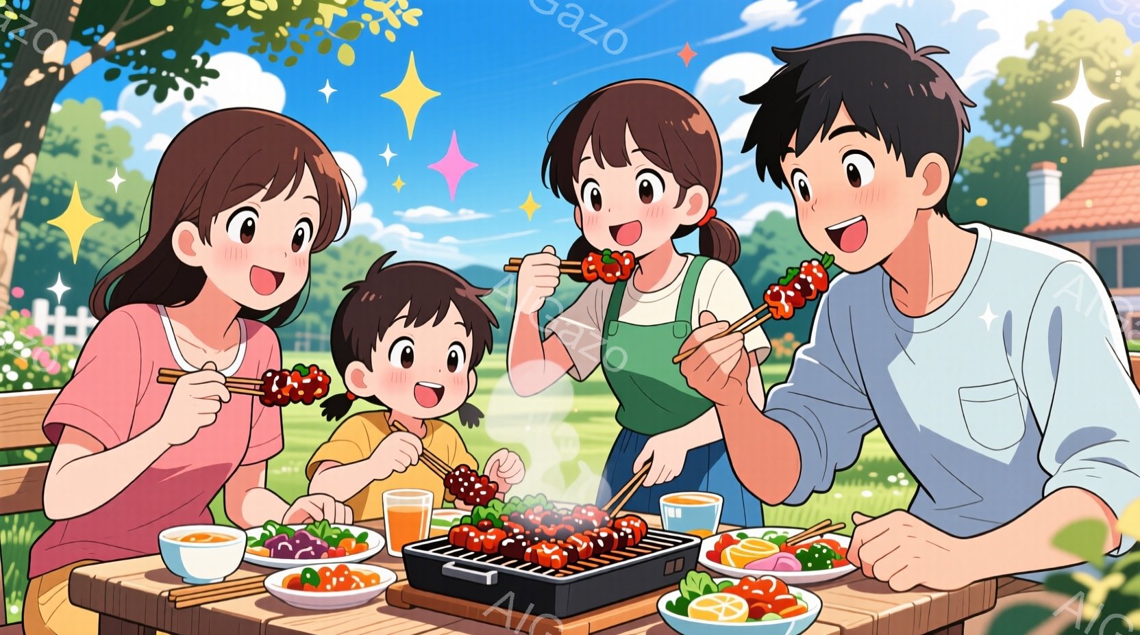 家族四人が庭でバーベキューを楽しんでいる様子が描かれています。母親はピンク色のTシャツとエプロンを着て、串に刺した肉を笑顔で手にしています。父親は白いTシャツを着て、同じく串の肉を笑顔で手にし、子供たちは嬉しそうにバーベキューを楽しんでいます。