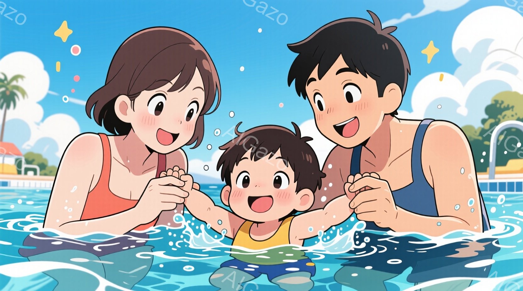 鮮やかな青いプールの中で、小さな男の子を中心に、母親と父親が両脇から見守っています。母親はピンク色の水着に、父親は青色の水着を着ており、それぞれ笑顔で息子を見つめています。背景には白い家やヤシの木が見え、晴れた空が広がっており、家族水遊びの幸せな雰囲気が漂っています。