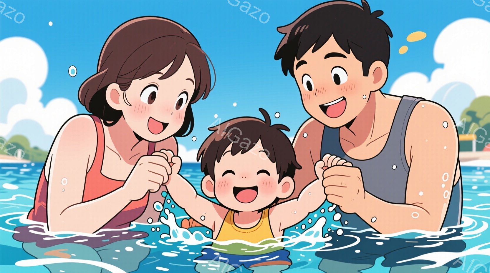 少年を中心に、両親が海中で少年の両側から抱きしめるように立っているイラストです。少年は黄色い水着を着て笑顔を見せ、両親はそれぞれ赤い水着と黒い水着を着て、嬉しそうな表情をしています。背景は青い海と白い波、そして遠くに見える緑の植物と青い空で、全体的に明るく幸せな雰囲気が漂っています。