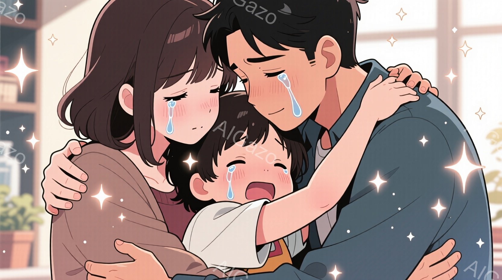 少年を両親が抱きしめている場面を描いています。少年は泣いており、腕に包帯が巻かれています。背景には、ぼやけた室内と星のような光が散りばめられており、全体的に悲しみと温かさが混ざり合った雰囲気が漂っています。