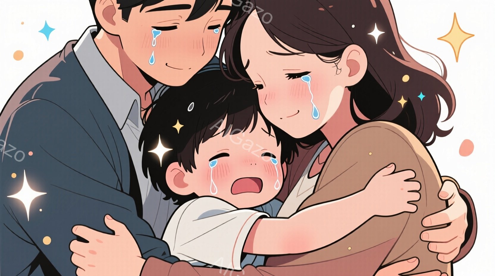 幼い子供が女性に強く抱きしめられているイラストです。女性は茶色の髪をサイドに流し、泣いており、子供も涙を流した表情をしています。背景は淡いピンク色で、キラキラと輝く星のような装飾が散りばめられており、温かく切ない雰囲気を醸し出しています。