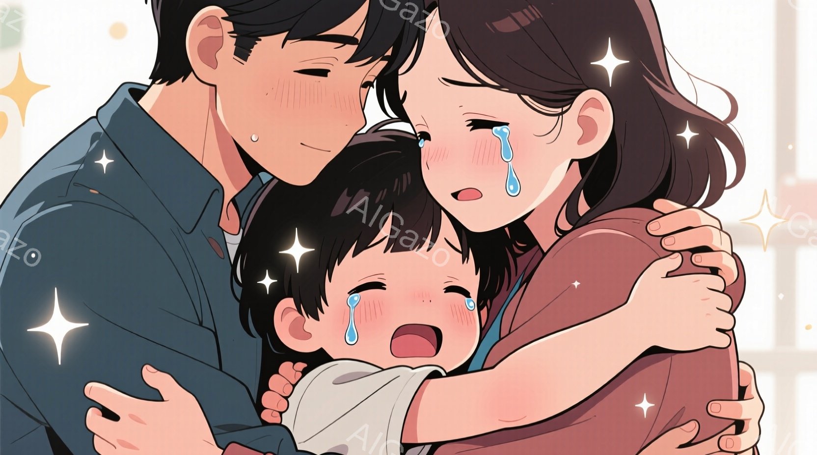 幼い子供が両親に抱きしめられているイラストです。子供は大きな涙を浮かべ、困惑と悲しみの表情をしています。両親はそれぞれ子供を優しく抱きしめ、安心感を与えるようなポーズをとっており、背景にはきらめく星の - AI生成フリー素材
