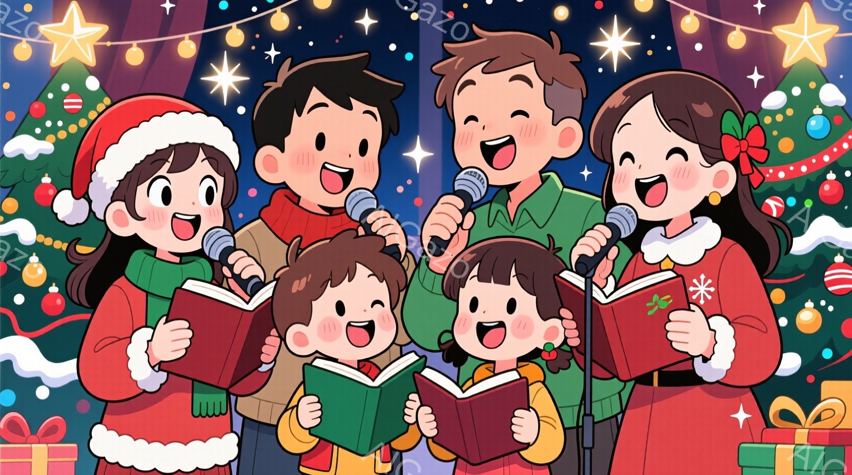 暖炉とクリスマスツリーを背景に、子供たちがクリスマスのキャロルを歌っている様子が描かれています。赤いサンタの帽子をかぶった女の子や、セーターを着た子供たちは皆笑顔で、手に持った楽譜を見ながらマイクに向 - AI生成フリー素材