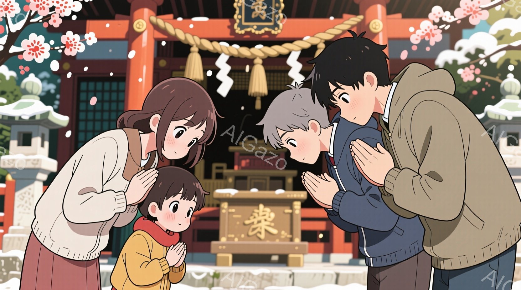 寺院の前で祈る家族が描かれています。母親はベージュ色のセーターと赤いスカートを着ており、息子と娘はそれぞれオレンジ色と青色のジャケットを着ています。背景には雪が降り積もり、寺院の赤い建物と提灯が暖かく - AI生成フリー素材