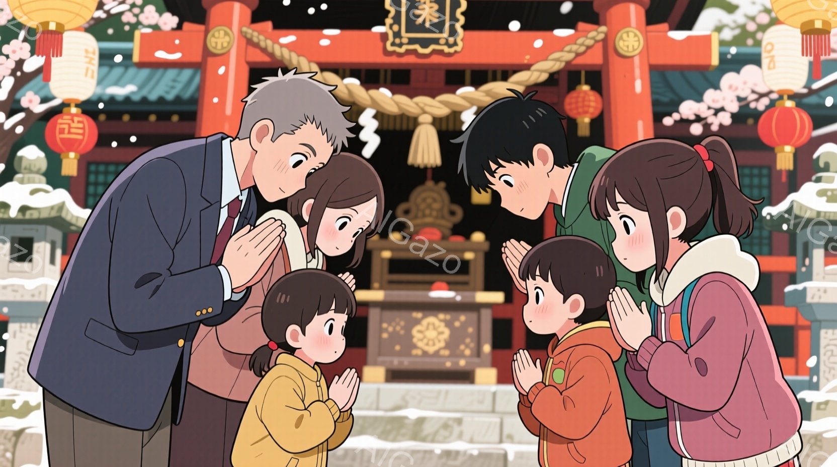 家族全員が手を合わせて祈っています。男性は紺色のジャケットを着ており、女性はピンクとグレーのジャケット、子供たちはそれぞれ黄色や赤のコートを着ています。背景には赤い提灯が飾られた神社が見え、雪が舞って - AI生成フリー素材