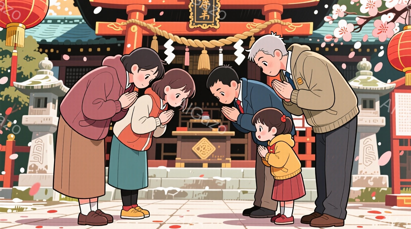 寺院の前で手を合わせる家族が描かれています。母親は赤いオーバーコート、父親はグレーのコート、息子は制服、娘は黄色いセーターと赤いスカートを着ており、皆敬虔な表情で祈っています。背景には伝統的な寺院建築 - AI生成フリー素材