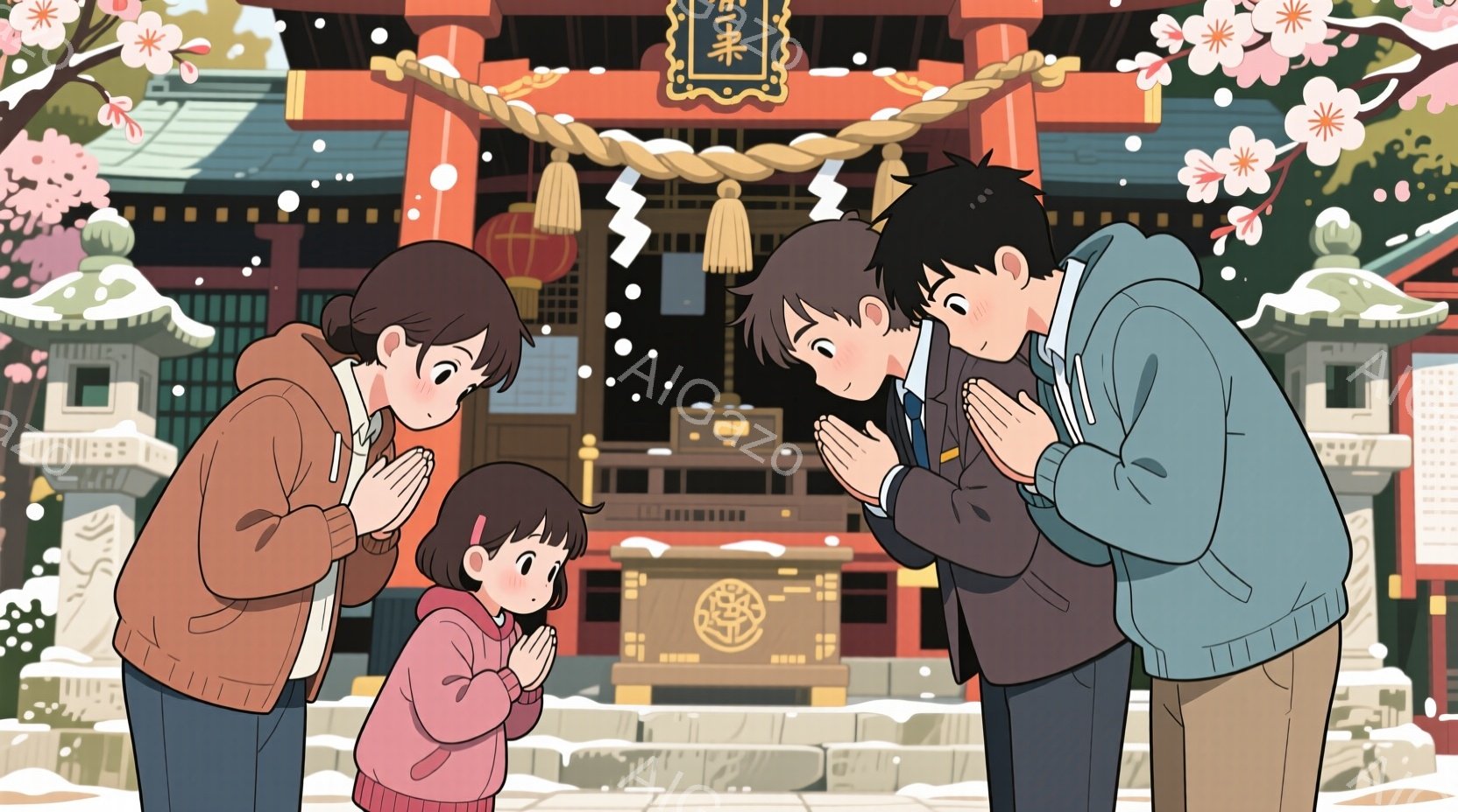 雪が降る中で、母親と息子と娘が神社で手を合わせている様子が描かれている。母親は赤いジャケット、息子は青いジャケット、娘は赤いセーターを着ており、皆、暖かくして祈っている。背景には、伝統的な神社建築と、 - AI生成フリー素材