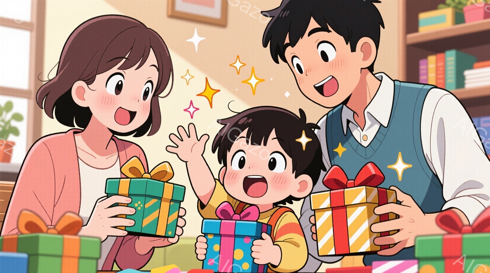 少年と両親がプレゼントを抱えて笑顔で立っています。母親はピンク色の服を着て髪を肩まで伸ばし、父親は水色のベストと白いシャツを着ています。背景には色とりどりのプレゼントの山と本棚があり、華やかで幸せな雰 - AI生成フリー素材