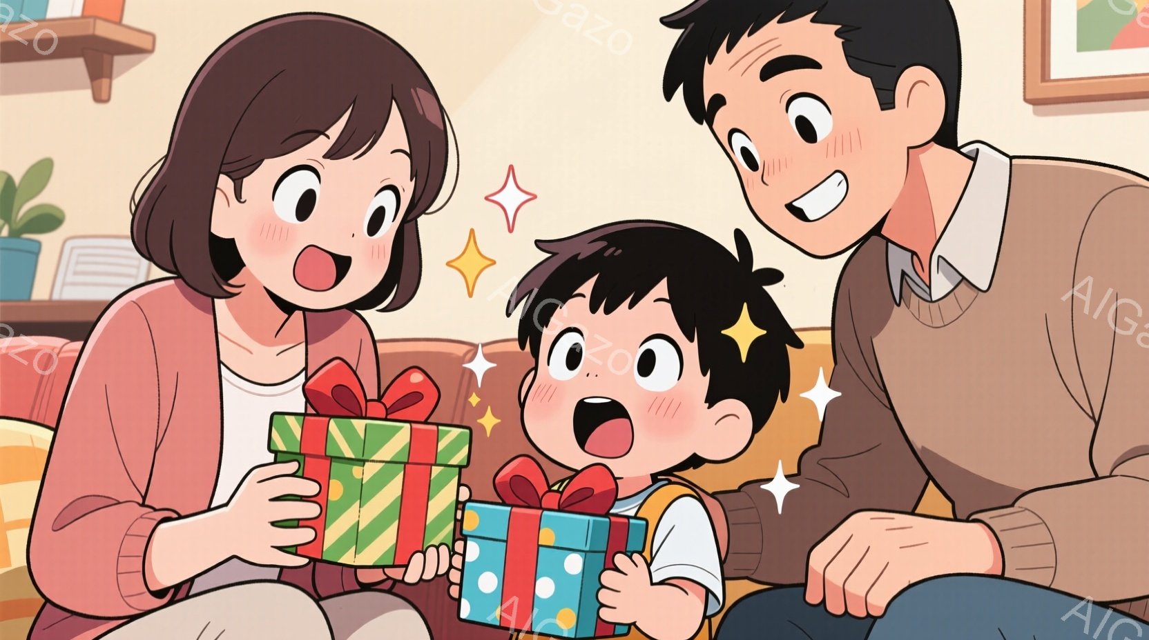 少年は両手で緑と青の大きなプレゼントの箱を持っており、顔は喜びで輝いています。母親は息子の隣に座り、同じように笑顔で彼を見つめており、赤いセーターを着ています。背景は暖色系のリビングルームで、暖かい雰 - AI生成フリー素材