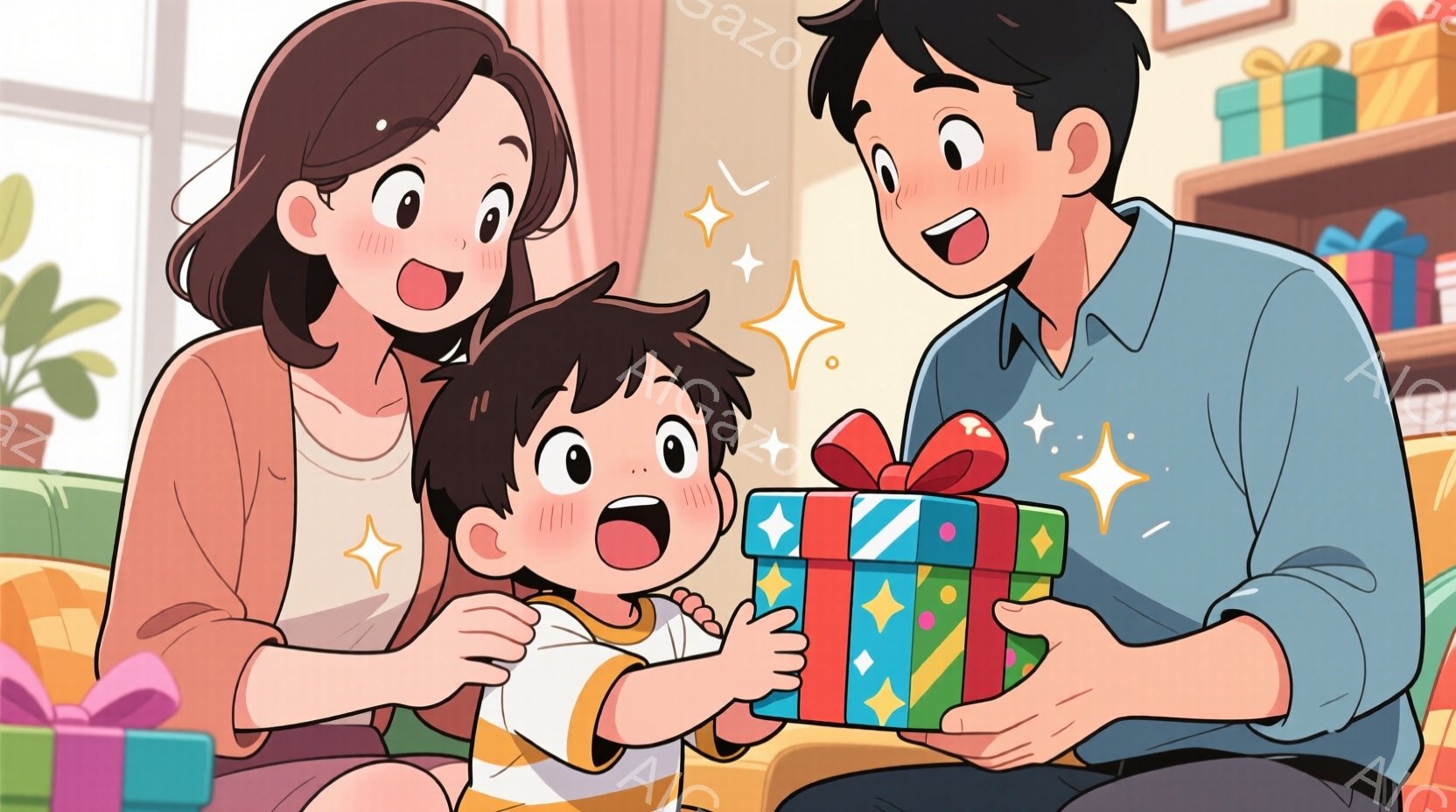 幼い男の子が大きなプレゼントの箱を両手で抱え、驚きと喜びの表情を浮かべています。母親は息子の左側から、父親は右側から息子を見守り、同様に笑顔を見せています。背景には、たくさんのプレゼントが積み重ねられ - AI生成フリー素材