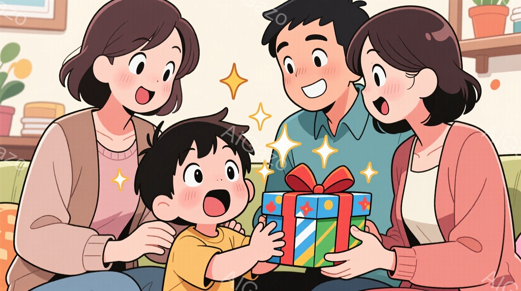少年は両手にプレゼントの箱を持って驚いた表情を浮かべています。母親と父親は少年の両側にいて、笑顔でプレゼントを見守っています。背景には家具や植物が見え、全体的に暖かく幸せな雰囲気が漂っています。 - AI生成フリー素材