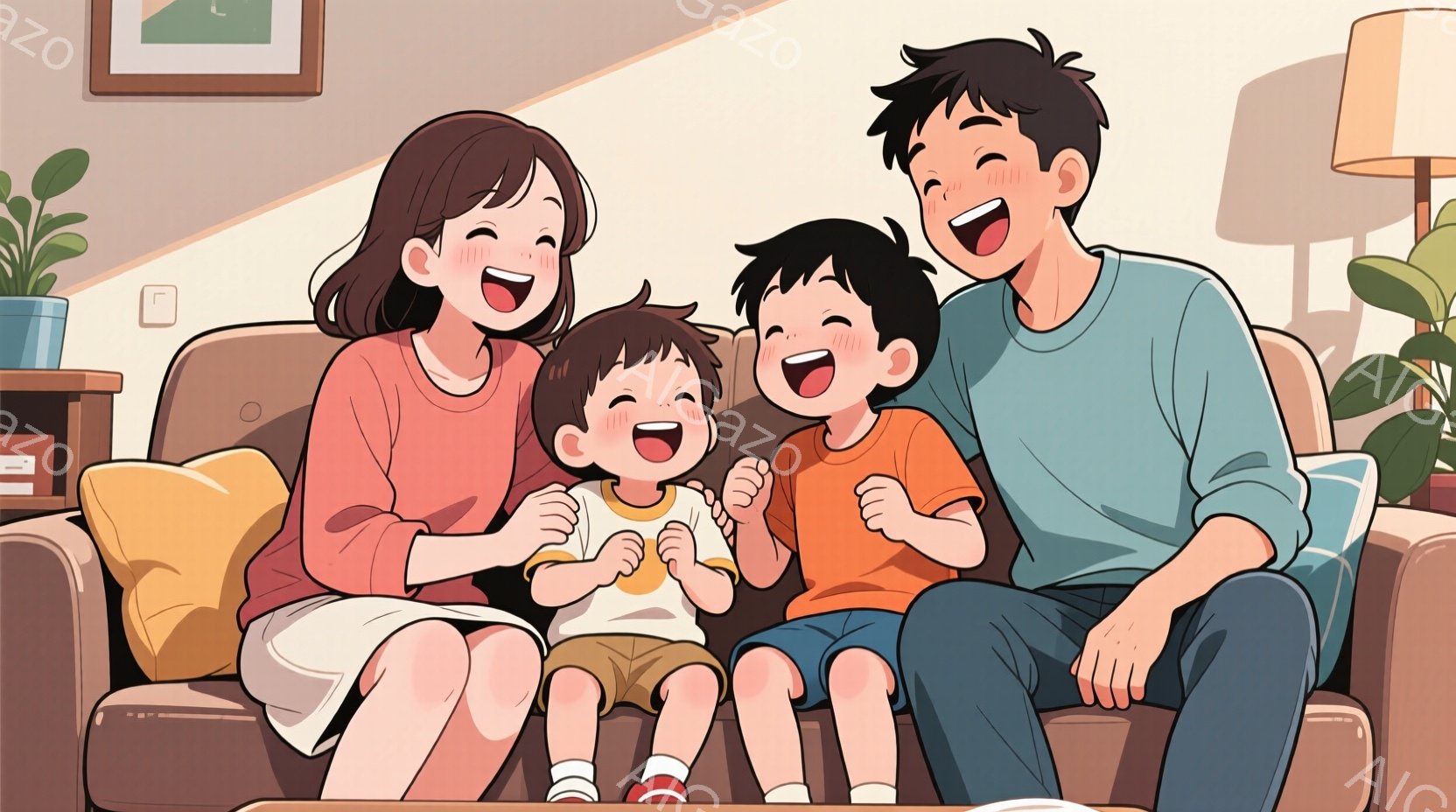 暖炉の前にあるソファに、母親、父親、そして二人の幼い子供たちが座っています。母親はピンク色のセーターを着ており、長い茶色の髪をしています。父親は青いTシャツを着ており、子供たちはそれぞれオレンジ色と黄 - AI生成フリー素材