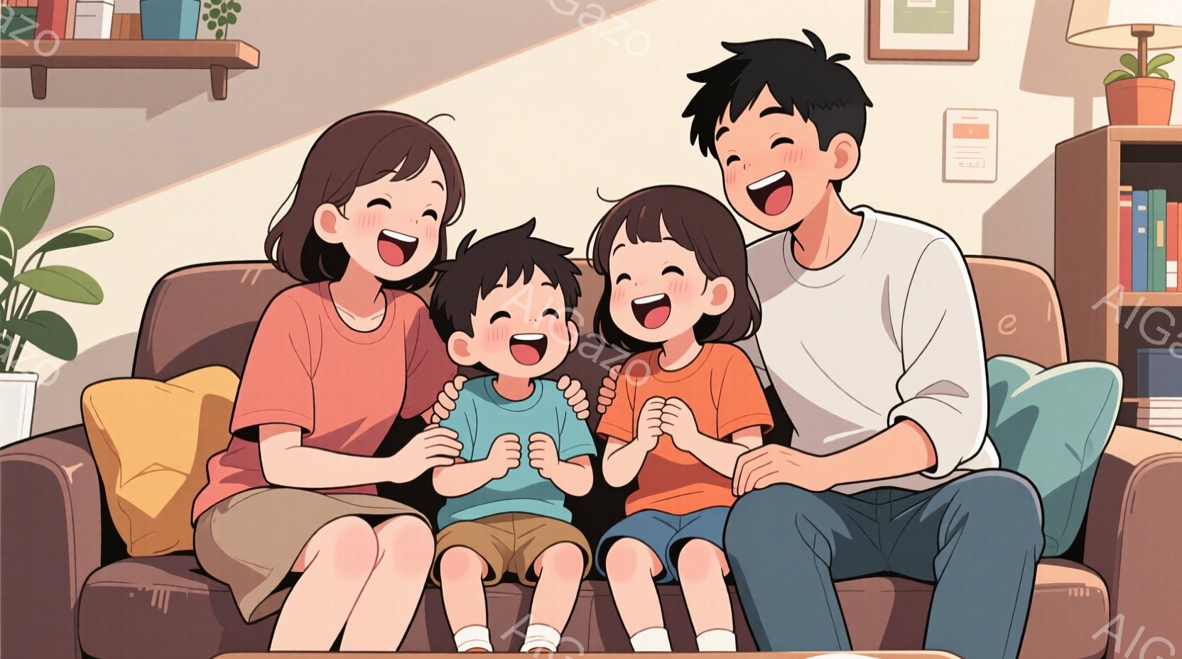 家族がソファに座って笑っています。母親は薄いピンクの服を着ており、髪は肩までの長さで、明るい笑顔を浮かべています。子供たちはそれぞれオレンジ色と水色のTシャツを着ており、膝を抱えて楽しそうに笑っていま - AI生成フリー素材