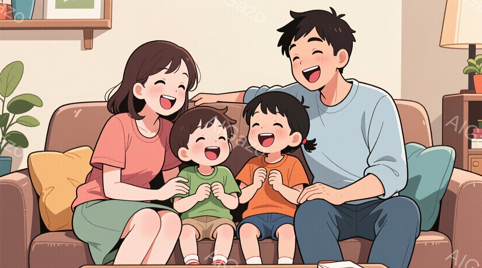 ソファに座った家族が描かれています。母親はピンク色のTシャツを着ており、茶色の髪をしています。父親は水色のシャツを着ており、子供たちは緑とピンクのTシャツを着て、両手で何かを隠して喜んでいます。