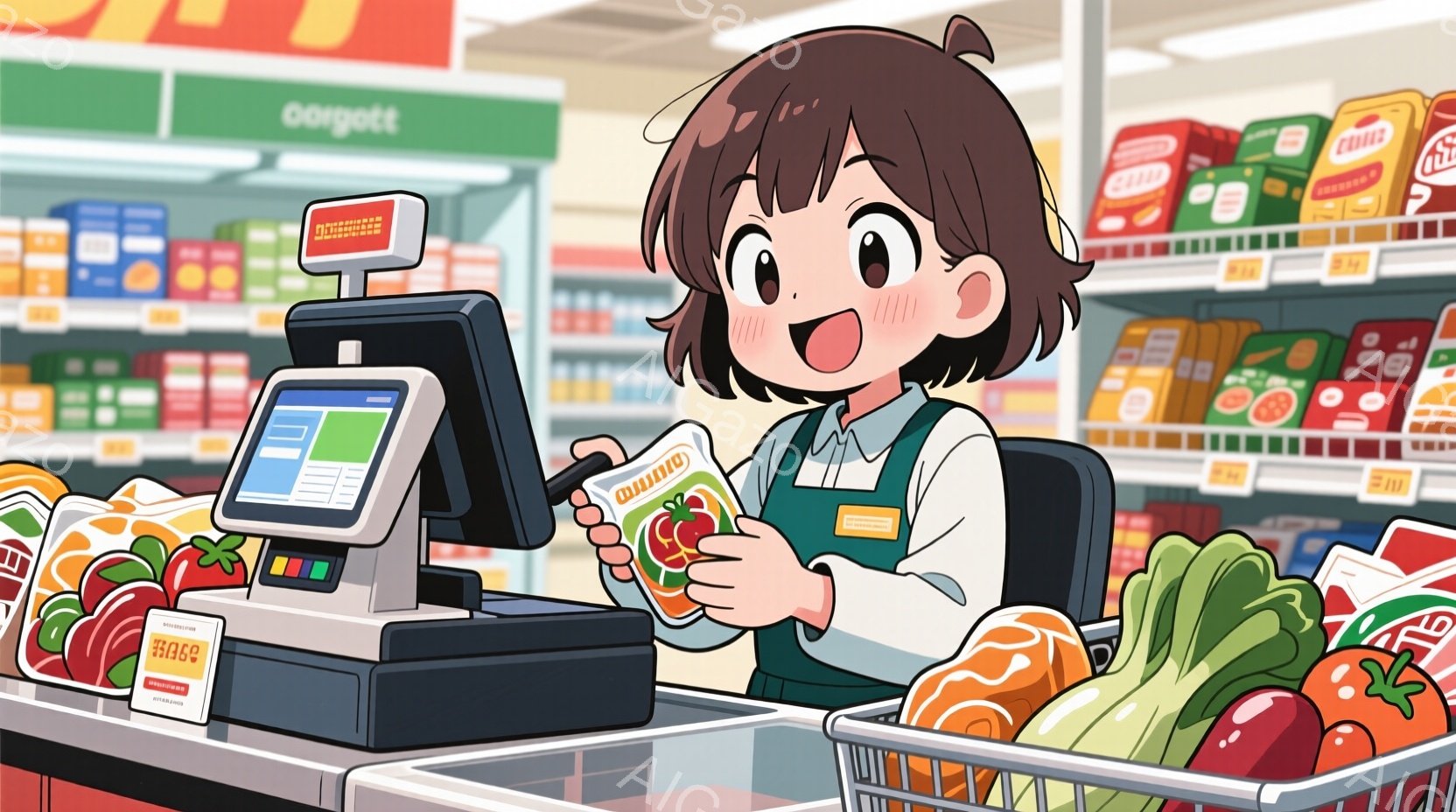 スーパーマーケットのレジで働く若い女性が描かれています。彼女は白いシャツに緑のエプロンを身に着け、茶色の短い髪型で、明るい笑顔を浮かべています。レジの前には、野菜や食料品が並び、背景には商品が積み上げられた棚が見え、活気のあるスーパーマーケットの雰囲気が感じられます。